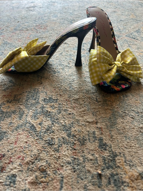 Betsey Johnson Shoes - Betsey Johnson Yellow Gingham Bow Floral-Print Stiletto Mules